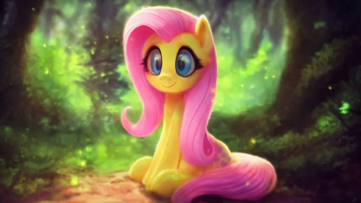 (derpibooru_p_95),pony,fluttershy,solo,wings,(masterpiece),8k,Smile,(best quality),forest background,High Definition,highres,embellishments,fireflies,triadic lighting,sitting,
