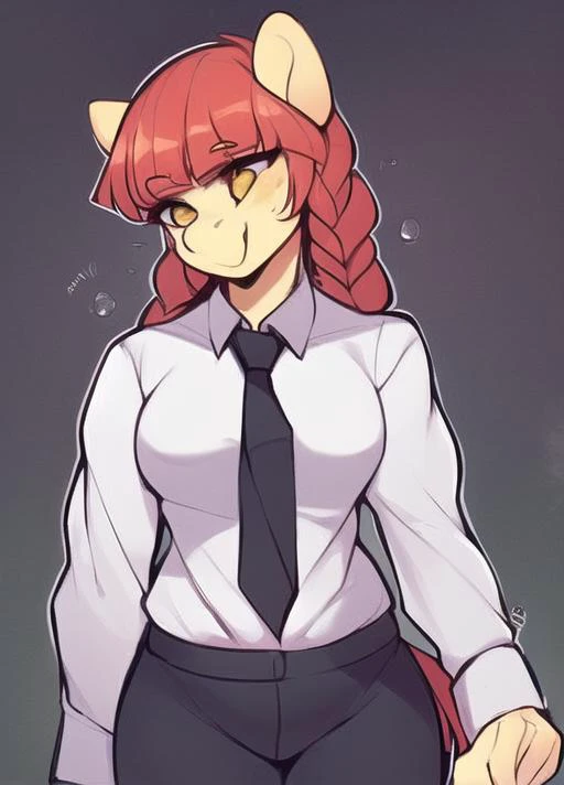 ((derpibooru_p_95)) makima \(chainsaw man\), solo, standing, red hair, long braided hair, golden eyes, bangs, medium breasts, white shirt, necktie, full body, black necktie, ((black pants)), braid, braided ponytail, collared shirt, (plantigrade anthro), cowboy shot, pony, smile,