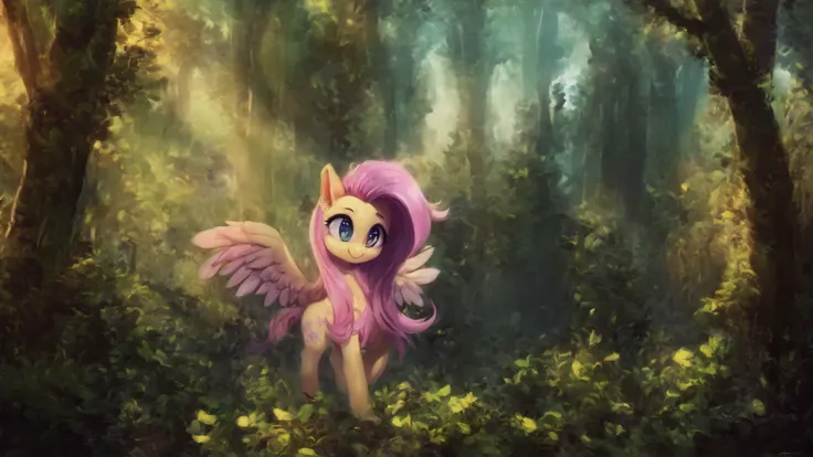 ((derpibooru_p_95)),pony,fluttershy,solo,wings,(masterpiece),8k,Smile,(best quality),triadic lighting,best quality,forest background,High Definition,highres,embellishments,