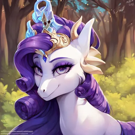 ((derpibooru_p_95)), (((masterpiece))), ((best quality)), solo, rarity, fantasy druid, wearing a dragon skull on her head