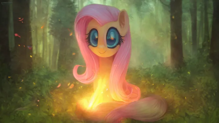 (derpibooru_p_95),pony,fluttershy,solo,wings,(masterpiece),8k,Smile,(best quality),forest background,High Definition,highres,embellishments,fireflies,triadic lighting,sunbeam,