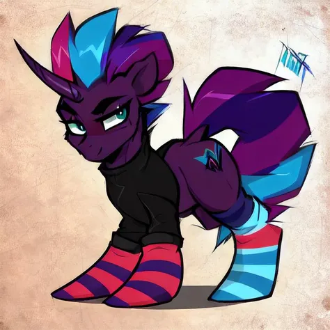 cmdrtempest,(horn), striped socks, purple fur, purple hair, blue hair, purple hair, multicolored hair, solo, blue eyes, aqua eyes, purple skin, solo, pony, my little pony, mlp, two tone hair, <lora:CmdrTempest-10:1>, by yakovlev-vad