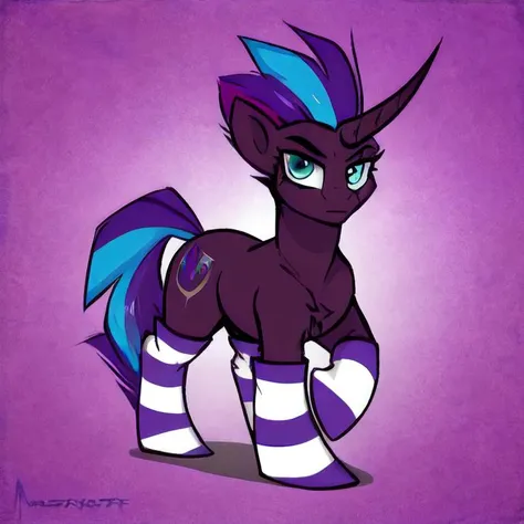 cmdrtempest, (horn), striped socks, naked, curvy, purple fur, purple hair, blue hair, purple hair, multicolored hair, solo, blue eyes, aqua eyes, purple skin, solo, pony, my little pony, mlp, two tone hair, <lora:CmdrTempest-10:1>, by SWAYBAT