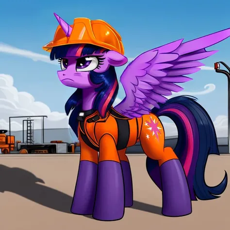 (best quality, ultra-detailed, best illustration, best shadow, masterpiece, high res, professional artwork, famous artwork), Twilight Sparkle,solo, pony, ((derpibooru_p_95)), wearing orange safety equipment, collared shirt