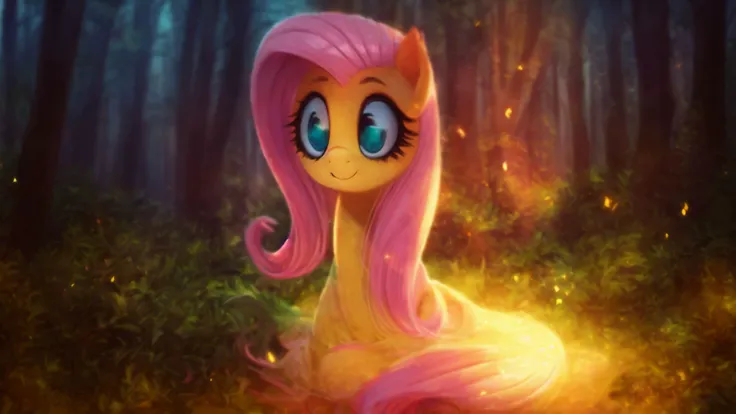 (derpibooru_p_95),pony,fluttershy,solo,wings,(masterpiece),8k,Smile,(best quality),forest background,High Definition,highres,embellishments,fireflies,triadic lighting,