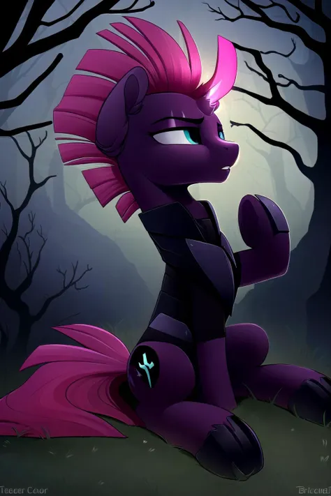 (derpibooru_p_95), tempest shadow, broken horn, pony mare, temparmor, sitting, solo, flat colors, spooky atmosphere,