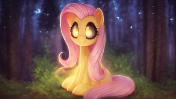 (derpibooru_p_95),pony,fluttershy,solo,wings,(masterpiece),8k,Smile,(best quality),forest background,High Definition,highres,embellishments,fireflies,triadic lighting,sitting,