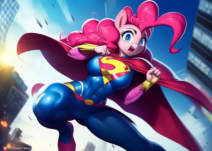 ((derpibooru_p_95)), solo, anthro, pinkie pie, superhero, bodysuit, cape, superhero movie action scene