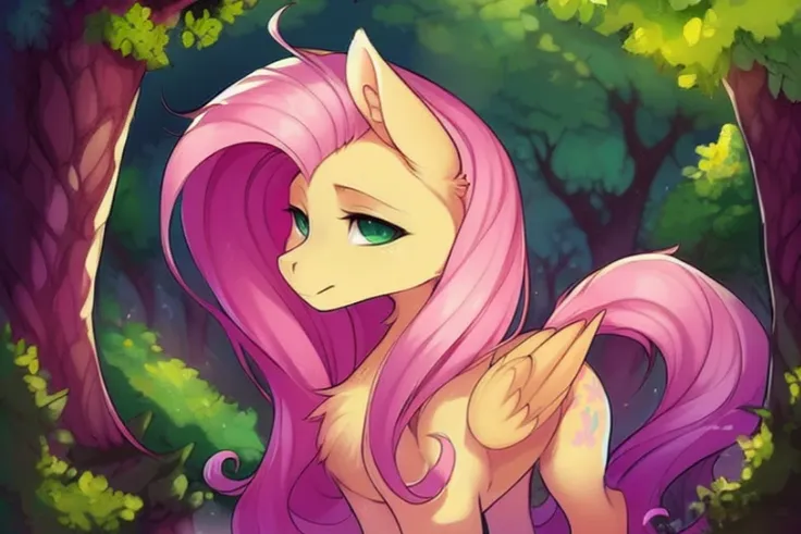 (derpibooru_p_95), feral, Fluttershy, art by Alex Horley, anatomically correct, detailed pony face, countershading, best quality, uhd, vibrant cinematic lighting, anime, unreal engine, UHD, incredible, cinematic lighting, 8K Ultra HD, (sharp focus) smooth, vibrant colors, smooth gradients, depth of field, trending on behance,