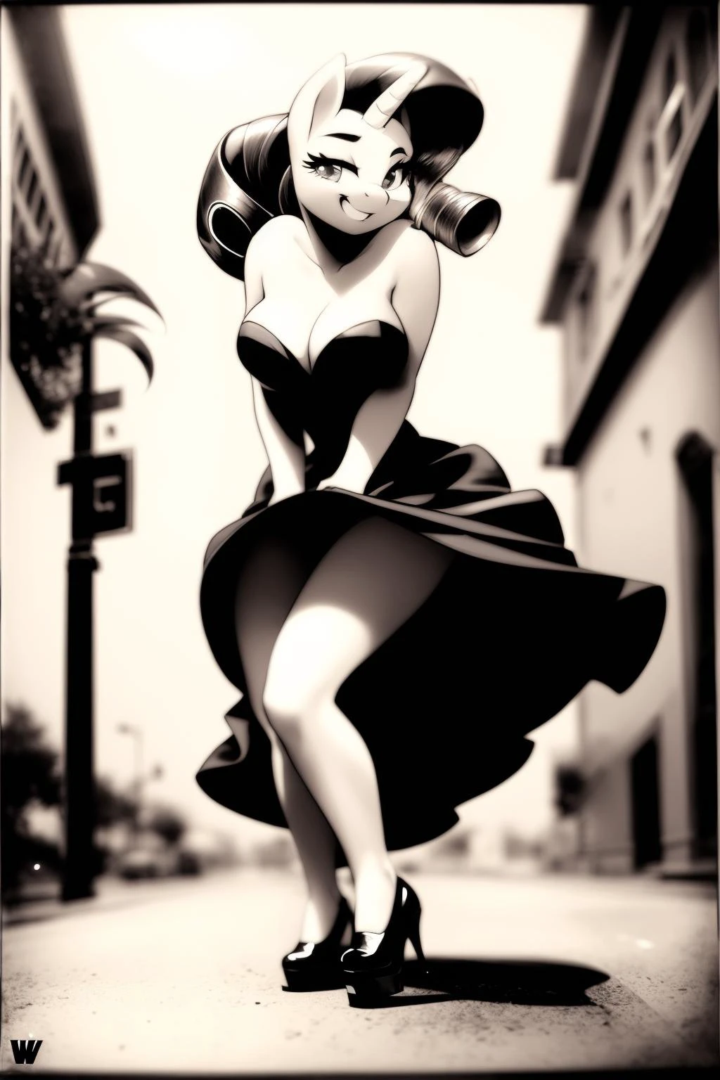 ((derpibooru_p_95)), pony, anthro, smile Rarity in a dress is dancing on the street, windy, kitsch movement, (bw, vintage, vignette:1.3), film effect