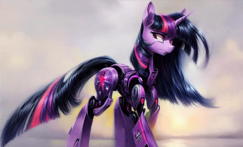 derpibooru_p_95, pony cyborg, a thoughtful, tough style, the robotics revolution, close plan for the robotic pony, full body Twilight Sparkle Robot [twilight sparkle: reelmech:0.5], a multi-ton dark purple background of bold and rough brushstrokes, solo, anatomically correct,  stern style, menacing style, sexy posture curve, adult mare, huge mane, wide mane, mane overhanging the eyes, 
oil painting, 
<lora:reelmech1v2:0.5> <lora:bichu-v0612:0.6> <lora:Twilight Sparkle:0.5> <lora:more_details:1>