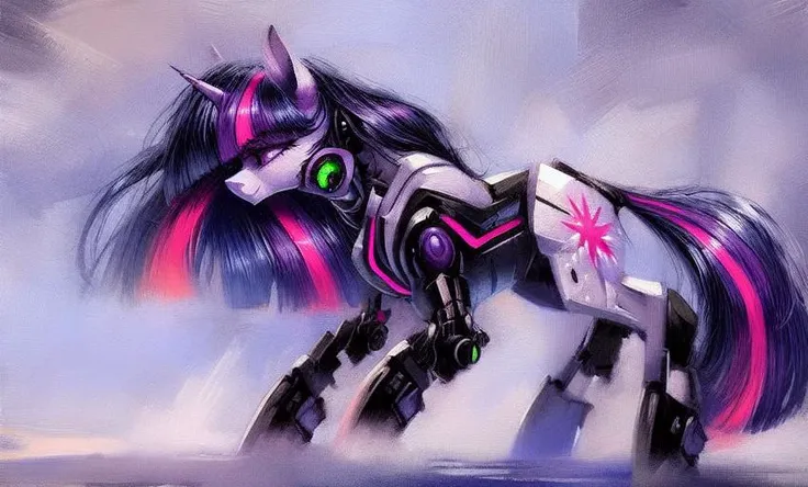 derpibooru_p_95, pony cyborg, a thoughtful, tough style, the robotics revolution, close plan for the robotic pony, full body Twilight Sparkle Robot [twilight sparkle: reelmech:0.5], a multi-ton dark purple background of bold and rough brushstrokes, solo, anatomically correct,  stern style, menacing style, sexy posture curve, adult mare, huge mane, wide mane, mane overhanging the eyes, 
oil painting, 
<lora:reelmech1v2:0.5> <lora:bichu-v0612:0.6> <lora:Twilight Sparkle:0.5> <lora:more_details:1>