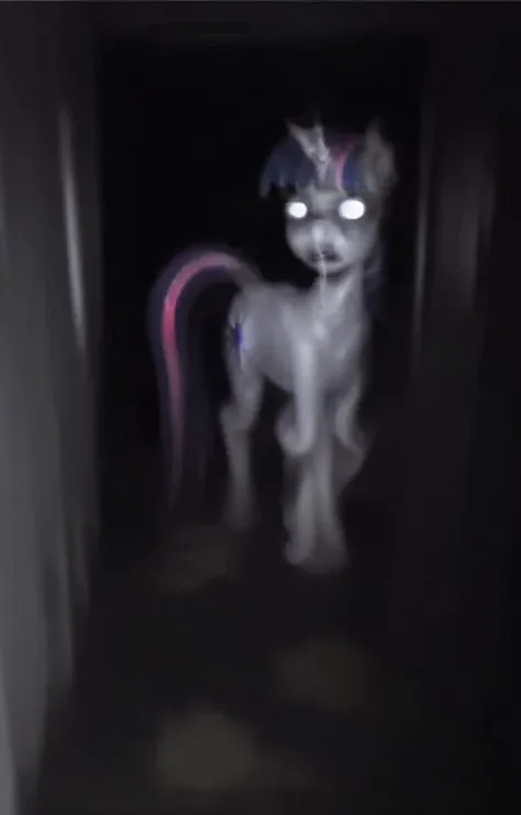 derpibooru_p_95, A photograph of an old corridor in an abandoned building with peeling paint on the walls and a dirty floor, a faint moonlight illuminating the corridor through sparse windows leading outside to a wooded area, a terrible creature resembling Twilight Sparkle standing between the half-light and the faint light and staring at the viewer, a real nasty creature caught on camera, Photorealistic, hyperrealistic, hyperdetailed, subsurface scattering, pony [cute twilight sparkle: suffering monster: 0.5], anatomically correct pony, hooves, a gorgeous mane, a big wide mane, big tail, pony anatomy, 
glitch, distortion, VHS footage of, VHS
<lora:fftage:1> <lora:Twilight Sparkle:0.2> <lora:LowRA:0.6> <lora:VHS3:0.3>