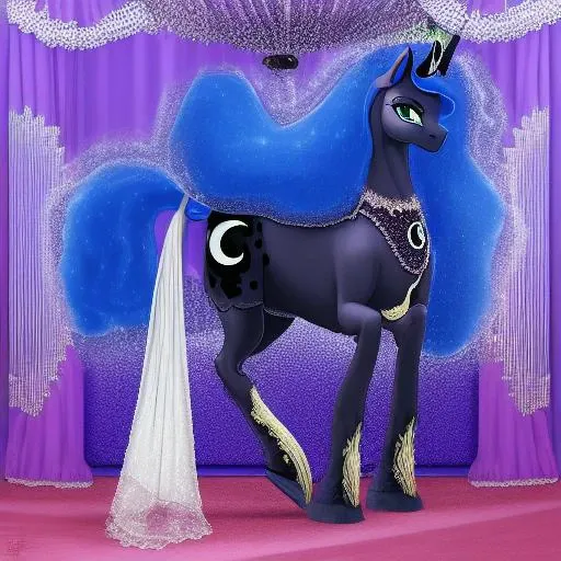princess luna, anthro equine, equine anthromorph, anthromorphic pony, long dress, show style, hooves, beautiful, detailed clothing, jewelry, elegant, mature,detailed eyes,beautiful, tiara, 4 legs, intricate gauze, beading