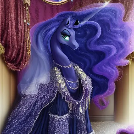 princess luna, anthro equine, equine, pony, long dress, show style, hooves, beautiful, detailed clothing, jewelry, elegant, mature,detailed eyes,beautiful, tiara, 4 legs, intricate gauze, beading