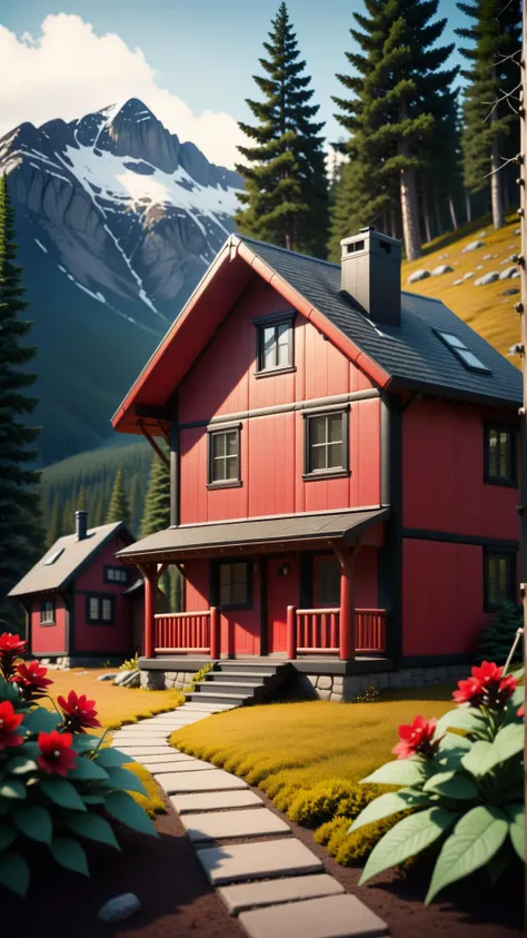<lora:DeadpoolStyleXL:1>DeadpoolStyle suburb cabin in alpine biome, 24mm, (analog, cinematic, film grain:1.3), Bokeh DOF, (Masterpiece:1.3) (best quality:1.2) (high quality:1.1)
