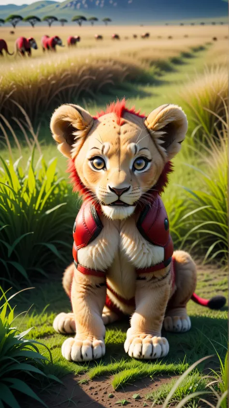 <lora:DeadpoolStyleXL:1>DeadpoolStyle a lion cub playing on the grasslands of a wildlife safari, 24mm, (analog, cinematic, film grain:1.3), Bokeh DOF, (Masterpiece:1.3) (best quality:1.2) (high quality:1.1)