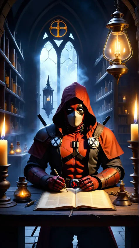 <lora:DeadpoolStyleXL:1>DeadpoolStyle (style-rustmagic:0.8), looking at viewer, solo, (full body:0.6), detailed background, detailed face, (<lora:SteamPunkBundleV3:0.5>, GasLampFantasyAI theme:1.1) medieval alchemist, on the verge of a discovery smoke,,electricity disorganized,manuscript, glowing magical runes , enchanted aura, discovery, alchemy laboratory in background, candle-lit interior, magical fantasy atmosphere, ominous ambience, metaphysics, dim light, **(modern science, modern equipment, modern laboratory,:1.2),**, 24mm, (analog, cinematic, film grain:1.3), Bokeh DOF, (Masterpiece:1.3) (best quality:1.2) (high quality:1.1)