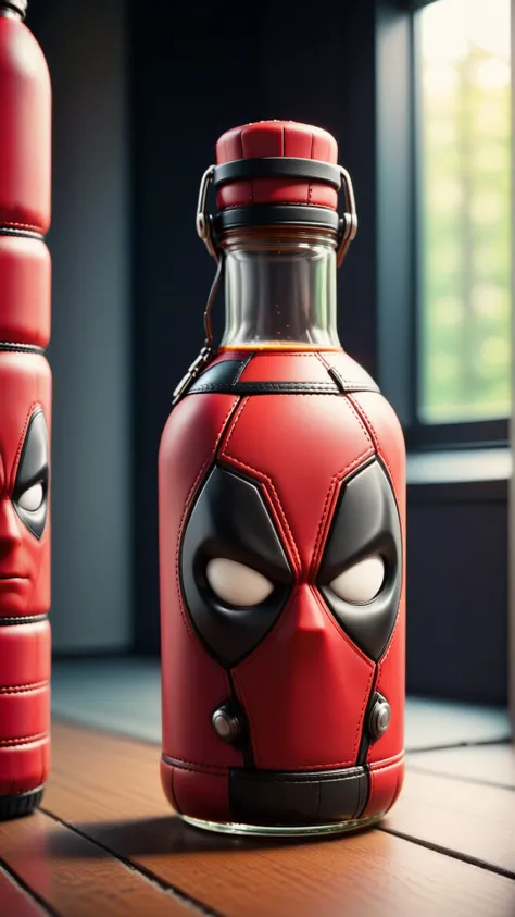 <lora:DeadpoolStyleXL:1>DeadpoolStyle bottle, 24mm, (analog, cinematic, film grain:1.3), Bokeh DOF, (Masterpiece:1.3) (best quality:1.2) (high quality:1.1)