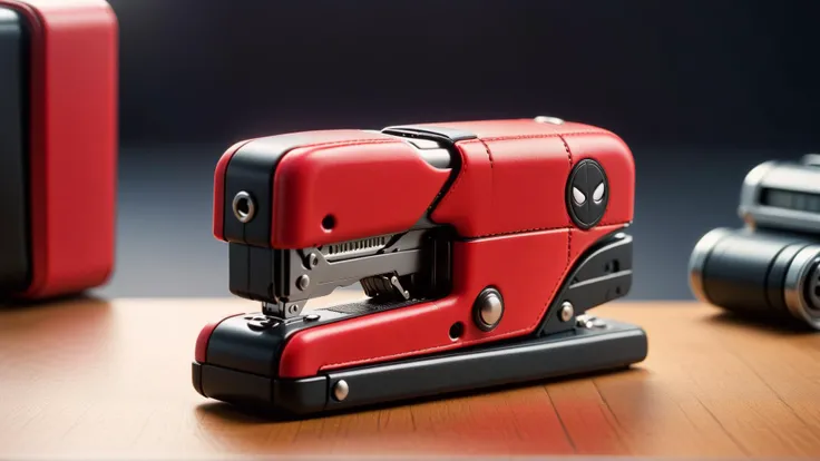 <lora:DeadpoolStyleXL:1>DeadpoolStyle Mini stapler, 24mm, (analog, cinematic, film grain:1.3), Bokeh DOF, (Masterpiece:1.3) (best quality:1.2) (high quality:1.1)