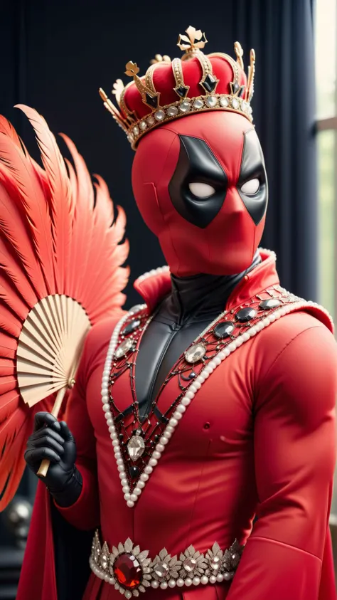 <lora:DeadpoolStyleXL:1>DeadpoolStyle guy in a flamboyant red feathered gown with a bejeweled fan and crown, 24mm, (analog, cinematic, film grain:1.3), Bokeh DOF, (Masterpiece:1.3) (best quality:1.2) (high quality:1.1)