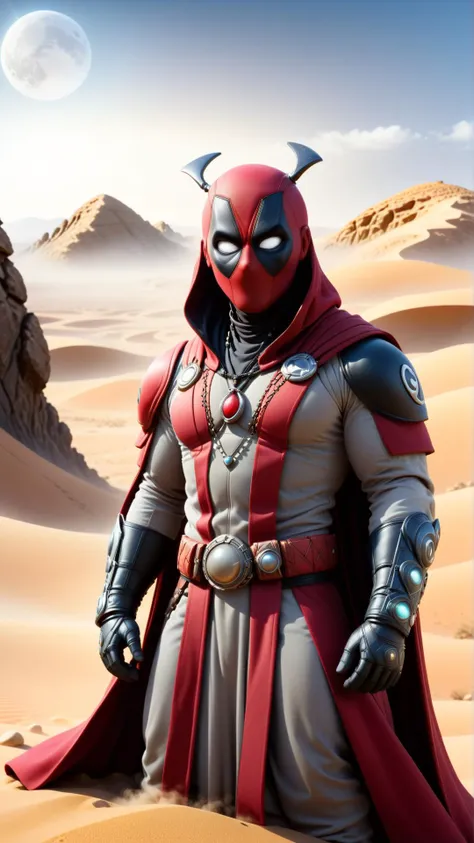 <lora:DeadpoolStyleXL:1>DeadpoolStyle (style-swirlmagic:0.8),  solo, upper body, looking down, detailed background, detailed face, (arid desert middle-eastern theme:1.1), rock-mage,  glowing eyes, determined expression, dynamic movement, gray earth-themed robes, gemstone talisman, controlling stones, surrounded by floating particles, pebbles,  earth-based spells,  geomancy symbols,   mountain peak in background, magical lights, wind, updraft, earthy color palette, fantasy atmosphere,, 24mm, (analog, cinematic, film grain:1.3), Bokeh DOF, (Masterpiece:1.3) (best quality:1.2) (high quality:1.1)