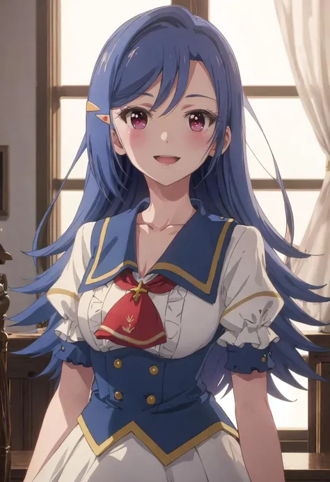 best quality, masterpiece, highres, solo, {rosetta_lapisrelights:0.90}, 1girl, frills, puffy_short_sleeves, upper_body, closed_mouth, indoors, blush, collarbone, smile, white_shirt, window