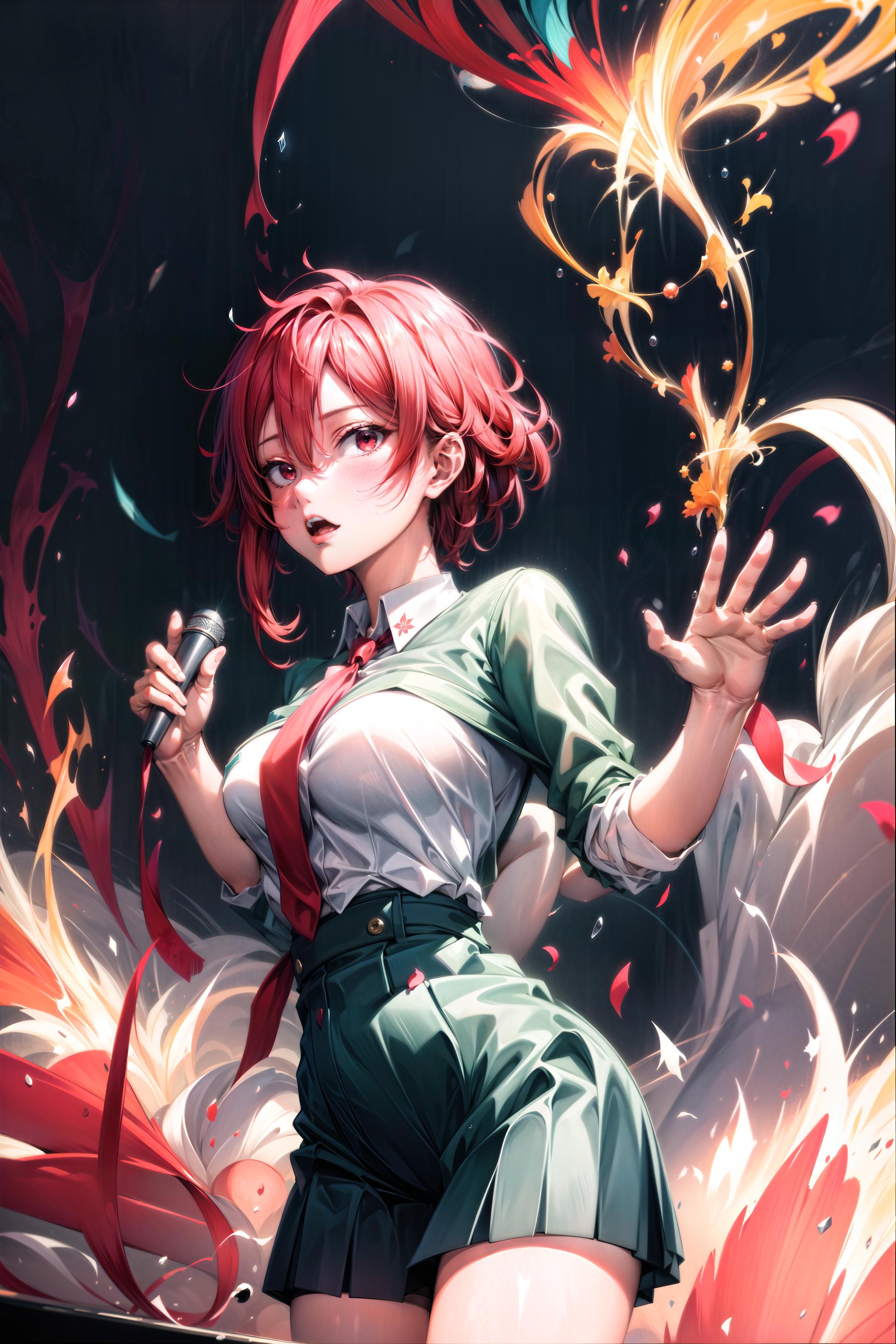 Anime girl with red hair and green dress holding a microphone - SeaArt AI