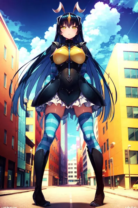 (masterpiece:1.2), best quality, ultra high res, unity 8k wallpaper, (illustration:1.0), (beautiful detailed eyes:1.6), extremely detailed face, Cinematic lighting, high contrast , clear color, (perfect hands,perfect anatomy), (dynamic angle and pose:1.3), best angle, (1girl, solo:1.5), smooth, simple, BREAK
zetton, hair ornament, antennae, breasts, large breasts, horns, (yellow eyes:1.2), black hair, long hair, BREAK
striped thighhighs, striped, thighhighs, gloves, personification, dress, black dress, skirt, elbow gloves, boots, BREAK
(giant girl:1.5),(urban town:1.5), (modern buildings:1.4), (cityscape:1.3), (standing:1.2), (blue_sky:1.5), (clouds:1.5)