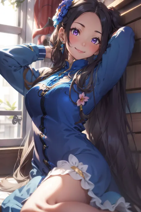 1girl, arms up, bangs, black hair, blue dress, blush, breasts, chinese clothes, day, dress, earrings, flower, hair flower, hair ornament, indoors, jewelry, long hair, long sleeves, looking at viewer, medium breasts, purple eyes, sitting, smile, solo, very long hair, window, vita clotilde, earrings, very long hair, hair flower, blue dress, wide sleeves, <lora:vita-nvwls-v2:1>