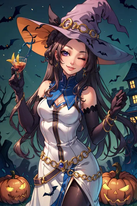 masterpiece, best quality, vita clotilde, witch's hat, white dress, belt, black pantyhose, elbow gloves, halloween, looking at viewer, smile, one eye closed <lora:vita-nvwls-v2-000012:0.8>