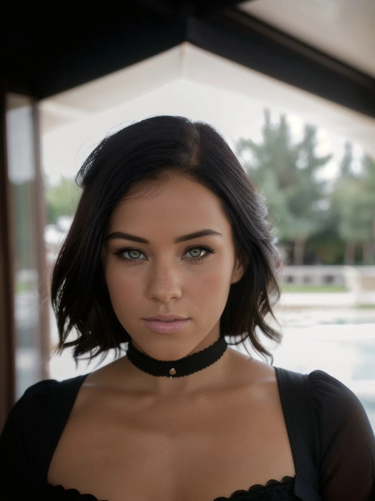 Gorgeous european woman with very short hair, short straight pixie hair, wet hair, hair slicked back, combed straight back, slick hair, streaked black hair, seductive pose, sophia bush, dressed colorful as a gypsey, cleavage, solid dark grey background