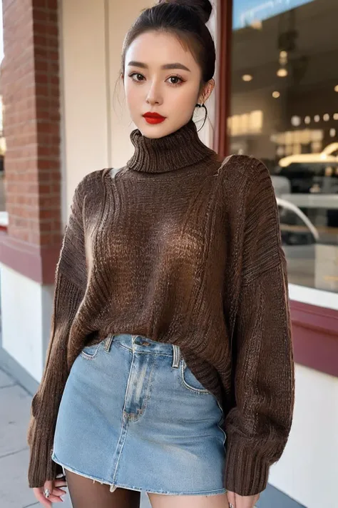 (tan color RealPantyhose),best quality,((((masterpiece)))),((((highly detailed)))),[[[realistic art]]],((upper body)),wide shot,ultra highres,makeup,fundoshi,eyeshadow,long_eyelashes,red_lips_,(1girl:1.2),solo,. 35mm photograph,film,professional,4k,RealPantyhose,kendollegver,bokeh,brown hair,hair bun,long grey skirt,black turtleneck sweater,<lora:SUGARV2:0.8>,