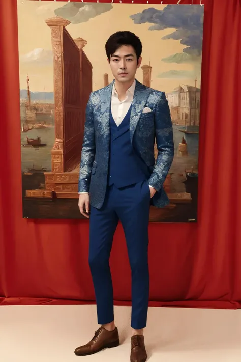 best quality,((((masterpiece)))),((((highly detailed)))),[[[realistic art]]],((full body)),wide shot,ultra highres,(1boy:1.2),solo,. 35mm photograph,film,professional,4k,<lora:chaoge_20240123082434-000007:0.8>,(suits:1.2),chaoge,