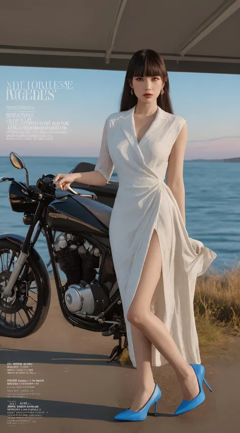 absurdres,highres,ultra detailed,(1girl:1.4),( solo:1.1),(fashion magazine cover),longhair,bangs,elegant style,cocktail dresses,tailored suits,high heels,fine jewelry,dress shoes,silk ties,raw photo,a blue sunset landscape,high detailed texture,8k uhd,dslr,full body,looking at viewer,