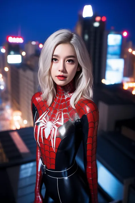 black Spider Man costume,1gir,solo,lips,(shiny skin:1.2),mole under eye,White hair,spider web print,narrow waist,waist up,<lora:绪å¿-èèä¾ black Spider Man costume:0.7>,<lora:microwaistV05:0.4>,blury background,depth of field,on the roof top,night scene,