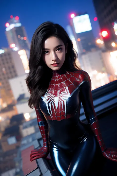 lack Spider Man costume,1gir,solo,lips,(shiny skin:1.2),mole under eye,White hair,spider web print,narrow waist,waist up,<lora:black Spider Man costume_20231118023759:0.7>,<lora:microwaistV05:0.4>,blury background,depth of field,on the roof top,night scene,