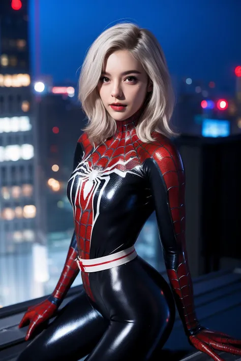 lack Spider Man costume,1gir,solo,lips,(shiny skin:1.2),mole under eye,White hair,spider web print,narrow waist,waist up,<lora:black Spider Man costume_20231118023759:0.7>,<lora:microwaistV05:0.4>,blury background,depth of field,on the roof top,night scene,