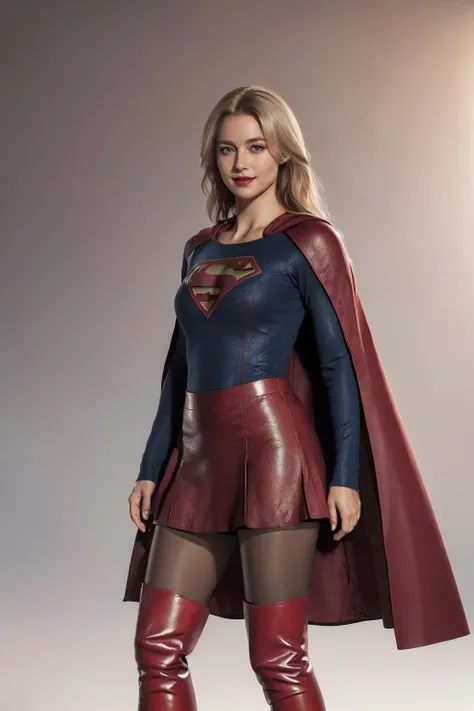 8k,best quality,real picture,intricate details,ultra-detailed,ultra highres,depth field,(photorealistic,realistic:1.2),masterpiece,solo,beautiful girl,expressionless eyes,supergirl,blue eyes,blonde hair,long hair,(red_cape:1.2),(red_skirt:1.2),(red_thigh_boots:1.4),(black_pantyhose:1.2),blush,shy,seductive smile,superhero,solo,looking at viewer,
best quality,realistic,photorealistic,(intricate details:1.2),(delicate detailed),(cinematic light),clear line,
unity 8k wallpaper,ultra high res,(photorealistic:1.4),<lora:Supergirl:0.5>,<lora:ZCBRealisticV2:0.8:lbw=FUZU>,zaracbb,<lora:epiCRealismHelper:0.45>,
