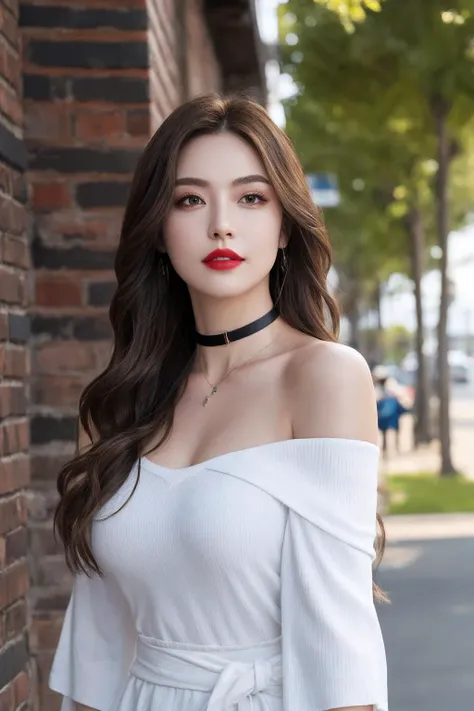 1girl,solo,long hair,outdoors,brown eyes,road,standing,breasts,looking at viewer,photo background,realistic,day,off shoulder,choker,real world location,jewelry,lips,necklace,happy,adult,white_skin,shiny_skin,rim light,available light,curvy,glamor,tall,relaxing,suneate,by the sea,lipstick,eyeshadow,makeup,young,(high_heels:1.1),take a walk,slender_waist,full_shot,looking_at_viewer,eye-contact,blonde hair,(upper body:1.2),