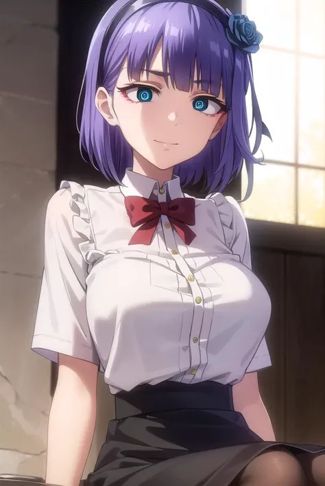 hotarushidare, <lora:hotaru shidare s2-lora-nochekaiser:1>,
hotaru shidare, short hair, blue eyes, hair ornament, purple hair, flower, hairband, hair flower, (ringed eyes:1.5), smile,
BREAK skirt, pantyhose, high heels, black pantyhose, high-waist skirt, shirt, frilled shirt, bowtie, red bowtie, puffy sleeves, short sleeves, white shirt,
BREAK outdoors,
BREAK looking at viewer,
BREAK <lyco:GoodHands-beta2:1>, (masterpiece:1.2), best quality, high resolution, unity 8k wallpaper, (illustration:0.8), (beautiful detailed eyes:1.6), extremely detailed face, perfect lighting, extremely detailed CG, (perfect hands, perfect anatomy),