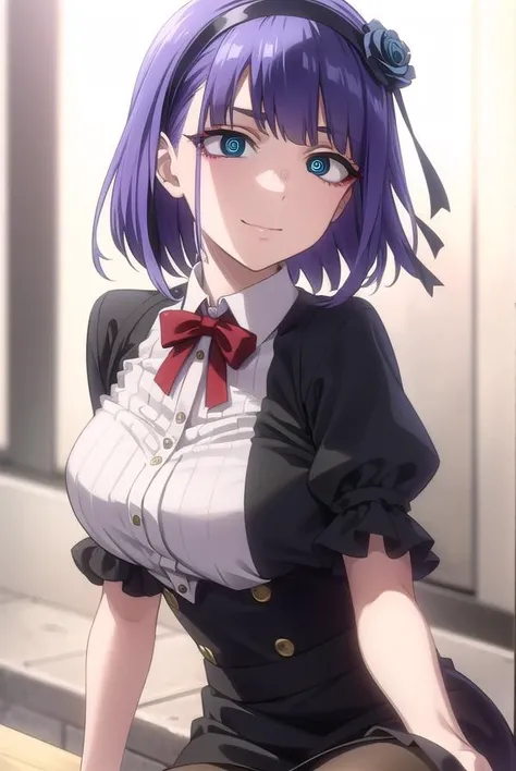 hotarushidare, <lora:hotaru shidare s2-lora-nochekaiser:1>,
hotaru shidare, short hair, blue eyes, hair ornament, purple hair, flower, hairband, hair flower, (ringed eyes:1.5), smile,
BREAK skirt, pantyhose, high heels, black pantyhose, high-waist skirt, shirt, frilled shirt, bowtie, red bowtie, puffy sleeves, short sleeves, white shirt,
BREAK outdoors,
BREAK looking at viewer,
BREAK <lyco:GoodHands-beta2:1>, (masterpiece:1.2), best quality, high resolution, unity 8k wallpaper, (illustration:0.8), (beautiful detailed eyes:1.6), extremely detailed face, perfect lighting, extremely detailed CG, (perfect hands, perfect anatomy),