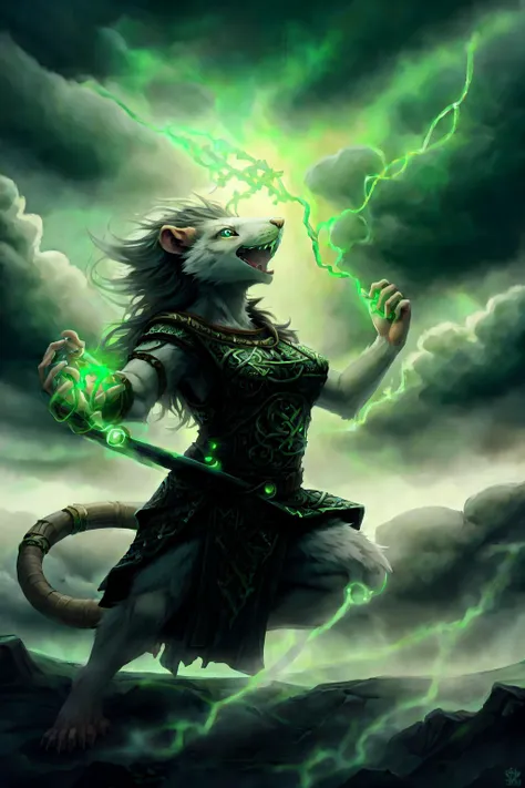 <lora:SkavenFRL27nO:1>skaven, female, anthro rat, (fluffy detailed fur:1.2), medium breast, open mouth, perfect eyes,
(masterpiece:1.2), (highly detailed:1.2), (intricate:1.2), (best quality:1.2),(8k:1.2),
CeltPunkAI wardress, electricity (in hands:1.2),
action stance, scottish scenery, cloudy sky,  dark clouds, (rain:1.2),
cinematic light, vivid colors <lora:CeltPunkAI:1>