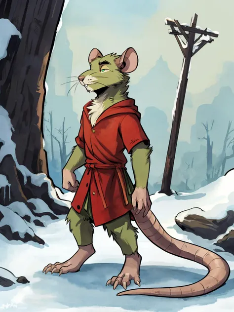 (solo, male:1.3), ((short stack rat, short legs),(skaven:1.3) : 1.1),
standing,
BREAK,
detailed amazing background, three-quarter view,
(fluffy, detailed fur texture:1.1), detailed, hi res, 8k,intricate details, colorful, watercolor, full-length,
winter,
BREAK
BREAK
by haps, by tohfu, by negger,
by don bluth,
by leonid afremov, <lora:SkavenFRL27nO:0.75>