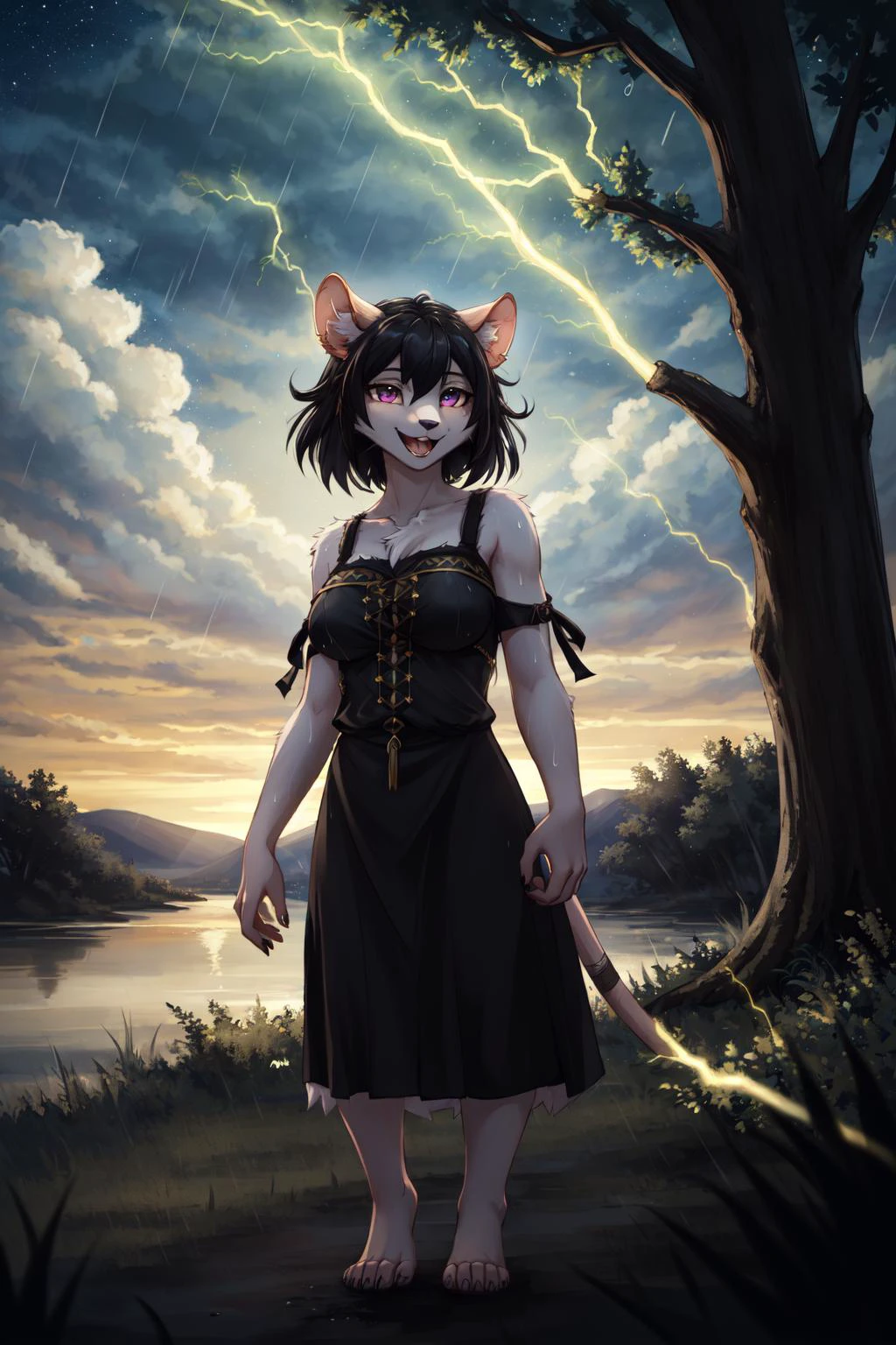 lora:SkavenFRL27nO:1>skaven, female, anthro rat, (fluffy detailed fur:1.2), (white fur), medium breast, open mouth, (detailed eyes), (black hair),
looking at viewer,
celtic wardress, electricity (in hands:1.2), relaxed stance,
(masterpiece:1.2), (best quality:1.2), (intricate:1.2), (highly detailed:1.2), (sharp:1.2), (8k:1.2), (highres:1.2),
cinematic lighting, vivid colors,
celtic wardress, cloudy sky, dark clouds, (rain:1.2),
in a tree, starfield, limtestone,
<lora:SkavenFRL27nO:1>