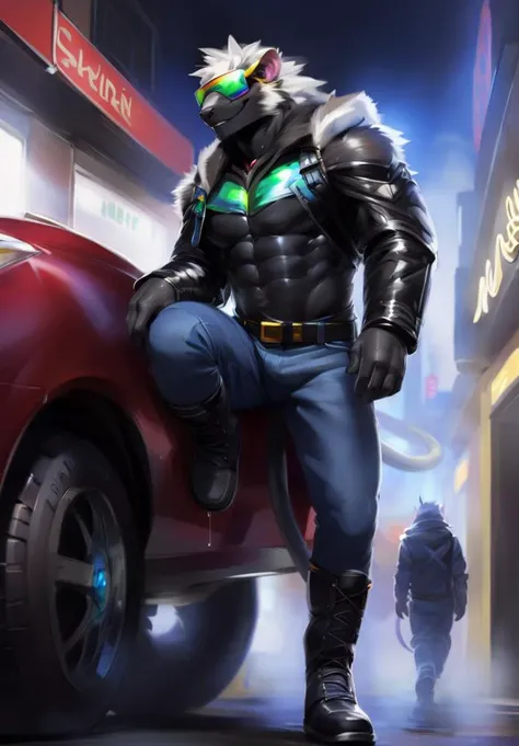 Solo, male, standing, street, muscular, smirking, by chunie, orca, killer whale, nude, penis