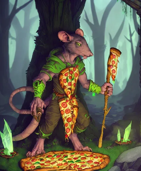 (solo, detailed background, anthro, male, skaven, rat:1.2), sharp claws, (buckteeth:1.2), (digitigrade:1.1), (by scruffythedeer:1.1), (dancing:1.1), (dark, darkness:1.1), fully clothed, (warpstone pizza:1.4), ( wizard tunic, staff,:1.1) (warhammer 40000:1.2), spikes, warpstone, crystals, fauvism oil painting, living garden palace, fill light, Green-yellow, <lora:SkavenFRL22nO:0.8>