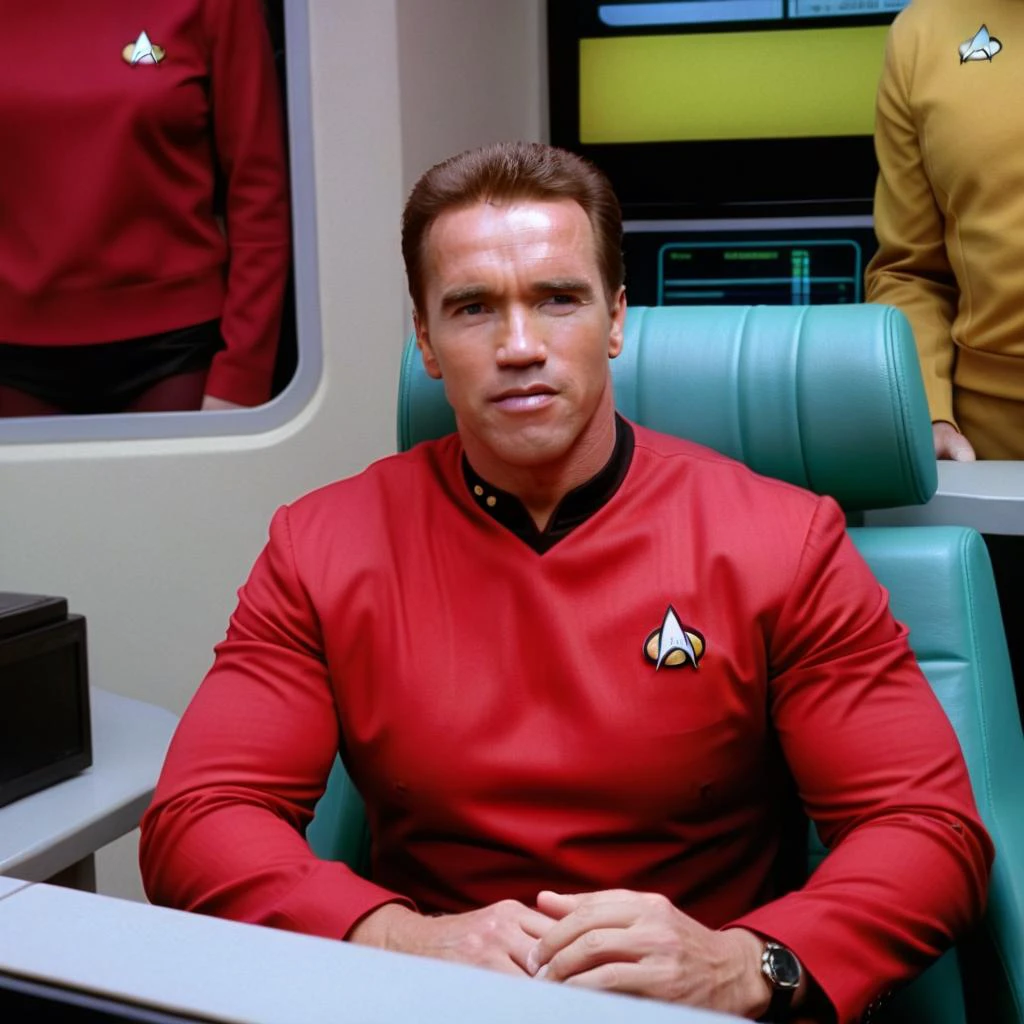Arnold schwarzenegger Person in Star Trek TNG style wearing a red uniform, in the captains chair on the bridge <lora:StarTrekTNG-v7:0.5> , TV still <lora:Arnold Schwarzenegger 90s:0.8>