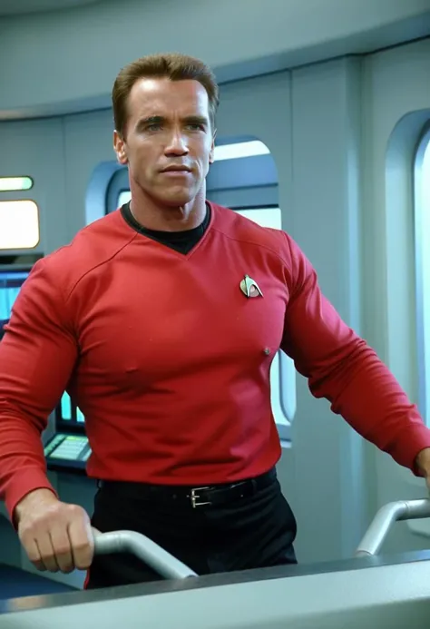 Arnold schwarzenegger Person in Star Trek TNG style wearing a red uniform on the bridge <lora:StarTrekTNG-v7:0.5> , TV still <lora:Arnold Schwarzenegger 90s:0.8>