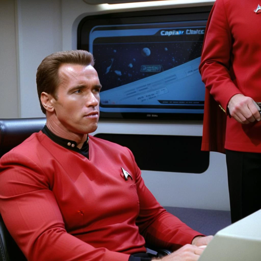 Arnold schwarzenegger Person in Star Trek TNG style wearing a red uniform, in the captains chair on the bridge <lora:StarTrekTNG-v7:0.5> , TV still <lora:Arnold Schwarzenegger 90s:0.8>